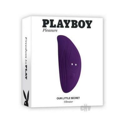Playboy Our Little Secret rechargeable remote-controlled silicone vibrator in acai purple with packaging box.