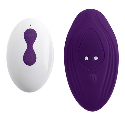 Purple silicone wearable vibrator and white oval remote control with purple buttons side by side on white background