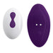Purple silicone wearable vibrator and white oval remote control with purple buttons side by side on white background