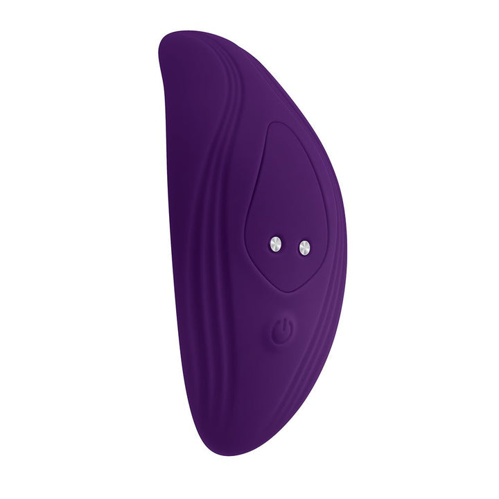 Purple silicone rechargeable remote controlled wearable vibrator with curved ergonomic design and power button.
