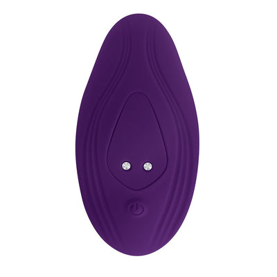 Purple silicone remote control for Playboy Our Little Secret wearable vibrator with power button and charging connectors.