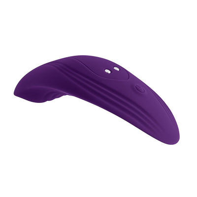 Purple curved silicone wearable vibrator with textured ridges and control buttons on top.
