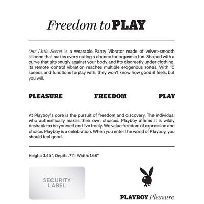 Product information text for Playboy Our Little Secret rechargeable remote controlled silicone underwear vibrator with dimensions and brand logo.