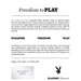 Product information text for Playboy Our Little Secret rechargeable remote controlled silicone underwear vibrator with dimensions and brand logo.