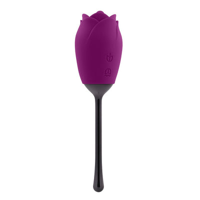 Purple rose-shaped silicone vibrator with a long black stem and two control buttons on the side.