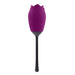 Purple rose-shaped silicone vibrator with a long black stem and two control buttons on the side.