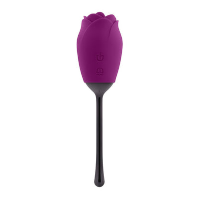 Purple rose-shaped silicone vibrator with a long black handle, featuring control buttons on the petal head.