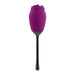 Purple rose-shaped silicone vibrator with a long black handle, featuring control buttons on the petal head.