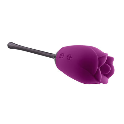 Purple silicone rose-shaped vibrator with a slender black stem, designed for targeted stimulation and multiple vibration settings.