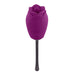 Purple rose-shaped silicone vibrator with black stem and dual control buttons on white background.