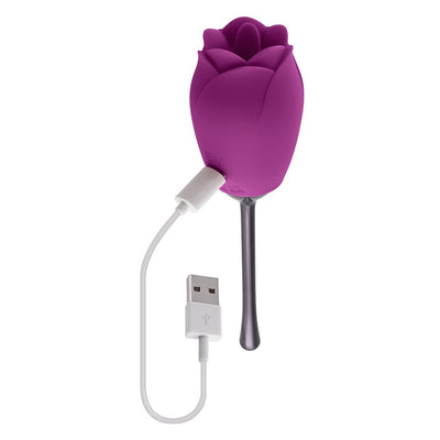 Purple rose-shaped rechargeable silicone vibrator with USB charging cable on white background