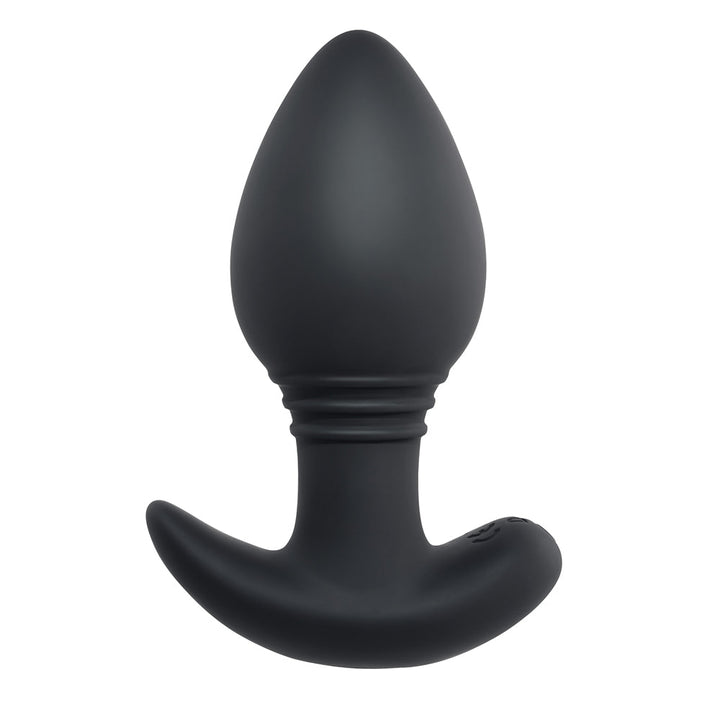 Navy blue silicone anal plug with tapered tip and curved base, designed for remote-controlled vibration.