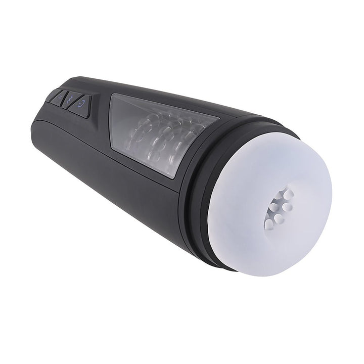 Black rechargeable vibrating beaded stroker with clear window and white soft silicone opening.