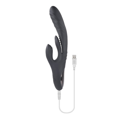 Black silicone dual stimulation rabbit vibrator with USB charging cable and textured shaft design.