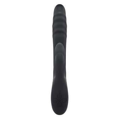 Black silicone dual stimulation vibrator with textured shaft and control buttons on the handle.