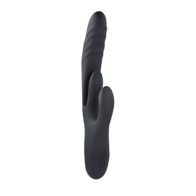 Black silicone dual stimulation rabbit vibrator with textured shaft and control buttons on the handle.