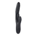 Black silicone dual stimulation rabbit vibrator with textured shaft and control buttons on the handle.