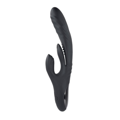 Black silicone dual stimulation vibrator with curved shaft and external flapper stimulator, rechargeable and waterproof design.