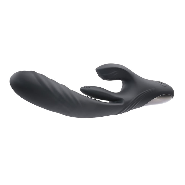 Black silicone dual stimulation vibrator with curved shaft and external clitoral stimulator, ergonomic design.