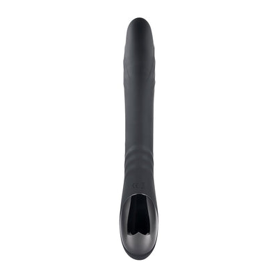 Black rechargeable silicone dual stimulation vibrator with smooth curved shaft and ergonomic handle.