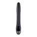 Black rechargeable silicone dual stimulation vibrator with smooth curved shaft and ergonomic handle.