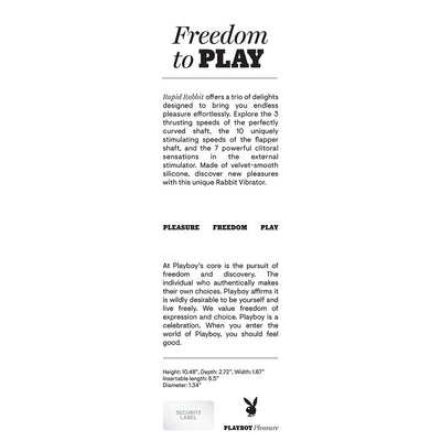 Text-based product description highlighting the features and philosophy of the Playboy Rapid Rabbit vibrator.