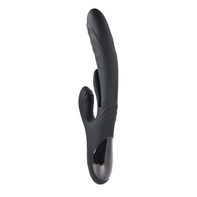 Black silicone dual stimulation vibrator with curved shaft and external flapper, featuring a sleek metallic control base.
