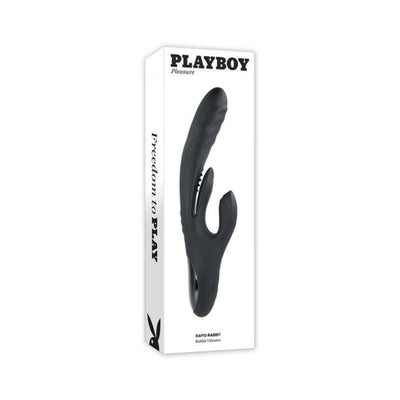 Black silicone Playboy Rapid Rabbit dual stimulation vibrator shown with packaging box on white background.