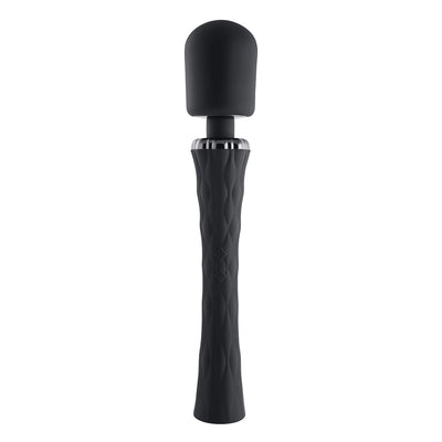 Black rechargeable silicone wand vibrator with textured handle and flexible cushioned head.
