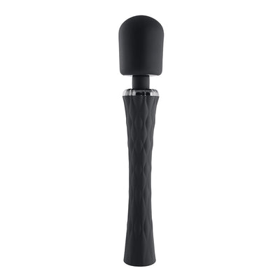 Black rechargeable silicone wand vibrator with textured handle and flexible cushioned head.