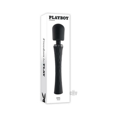 Black Playboy Royal rechargeable silicone wand vibrator with textured handle in white packaging box.