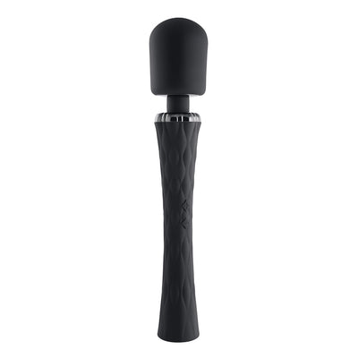Black rechargeable silicone wand vibrator with textured handle and flexible cushioned head.
