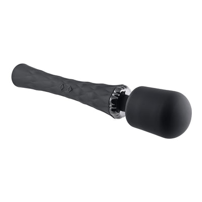 Black rechargeable silicone wand vibrator with textured handle and cushioned rounded head.