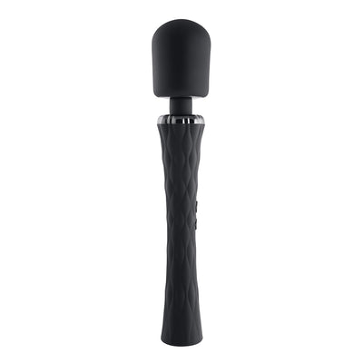 Black rechargeable silicone wand vibrator with textured handle and flexible cushioned head.