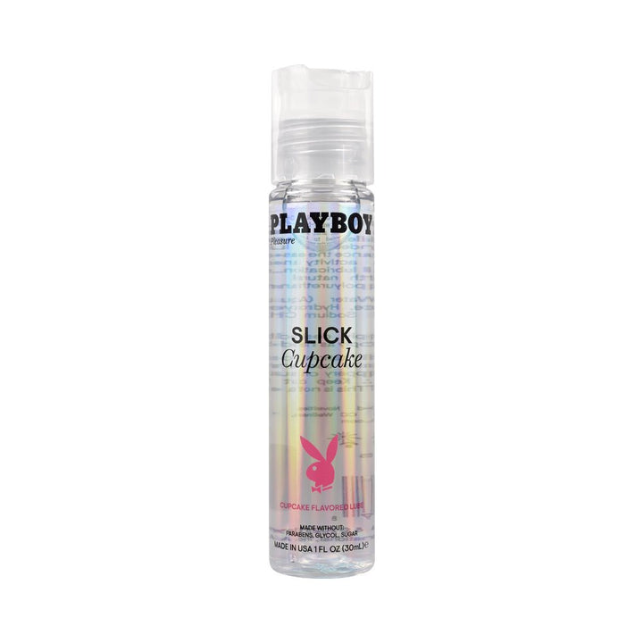 Playboy Slick Cupcake flavored water-based lubricant in a clear 1oz bottle with pink logo and text