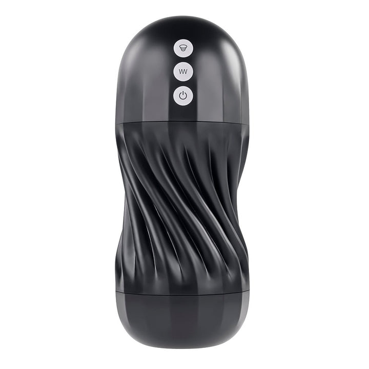 Black rechargeable male masturbator with textured spiral design and three control buttons on top.