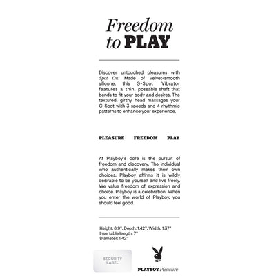 Product information sheet for Playboy Spot On rechargeable, poseable silicone G-spot vibrator in Acai color with features and dimensions.