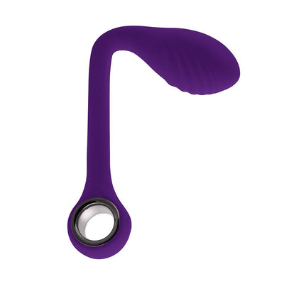 Purple rechargeable silicone G-spot vibrator with a textured head and ergonomic handle ring.