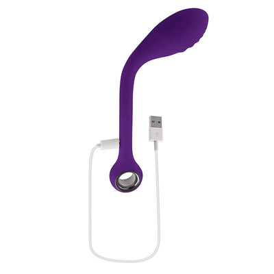 Purple rechargeable silicone G-spot vibrator with USB charging cable and ergonomic curved design.