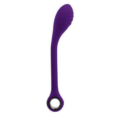Purple silicone rechargeable G-spot vibrator with textured head and ergonomic ring handle.