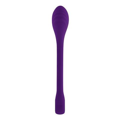 Purple rechargeable silicone G-spot vibrator with a textured, flexible shaft and power button at the base.