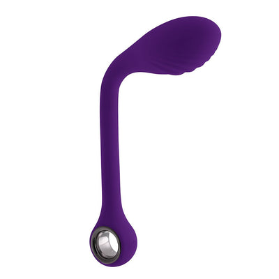 Purple rechargeable silicone G-spot vibrator with a flexible shaft and textured head, featuring a circular handle.
