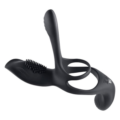 Black silicone rechargeable vibrating cock ring with textured stimulator and dual loops for support and pleasure.