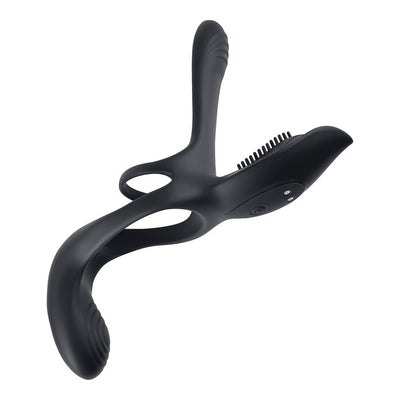 Black silicone rechargeable vibrating cockring with remote control and textured stimulator.