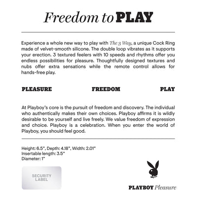 Playboy The 3 Way rechargeable vibrating silicone cock ring with remote control and textured stimulator features.