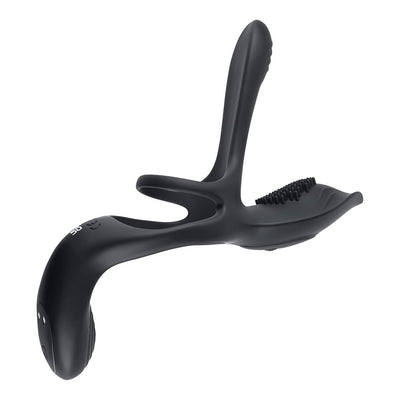 Black rechargeable silicone vibrating cockring with remote control and textured stimulator details.