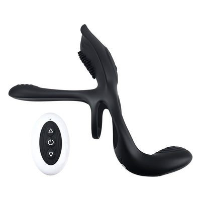 Black silicone 3-way vibrating cock ring with textured stimulator and white remote control with buttons.