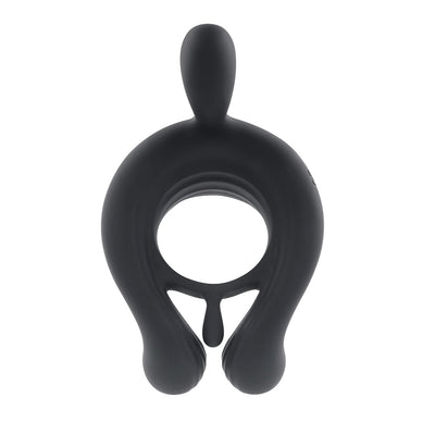 Black silicone triple motor vibrating cock ring with remote control and stimulator extension.