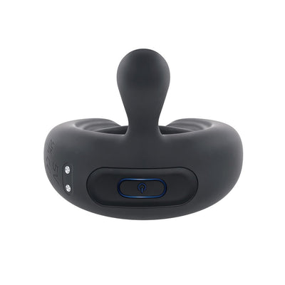 Black silicone rechargeable vibrating cock ring with central stimulator and power button detail on white background.