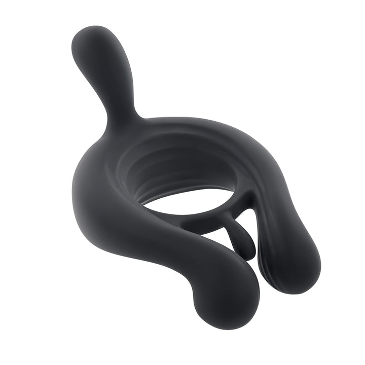 Black silicone triple motor vibrating cock ring with remote control, ergonomic design for enhanced stimulation.